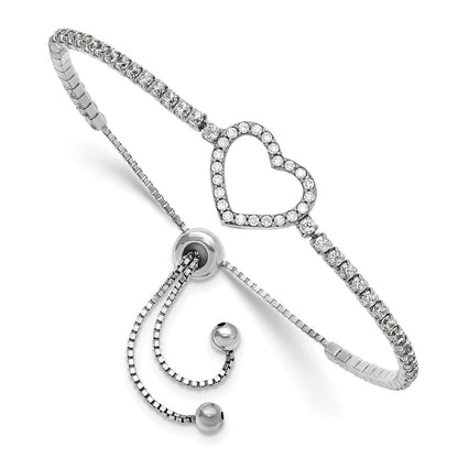 Sterling Silver Rhodium-Plated CZ Heart Adjustable Bracelet