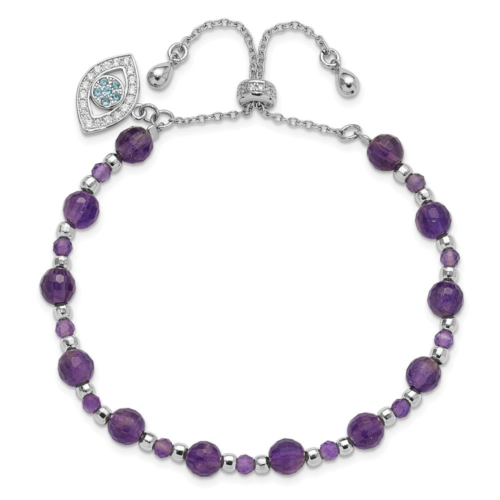 Sterling Silver Rhodium Plated Amethyst and CZ and Blue Glass Adjustable Bracelet