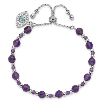 Sterling Silver Rhodium Plated Amethyst and CZ and Blue Glass Adjustable Bracelet