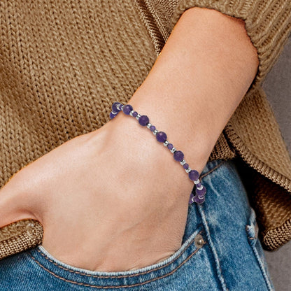 Sterling Silver Rhodium Plated Amethyst and CZ and Blue Glass Adjustable Bracelet