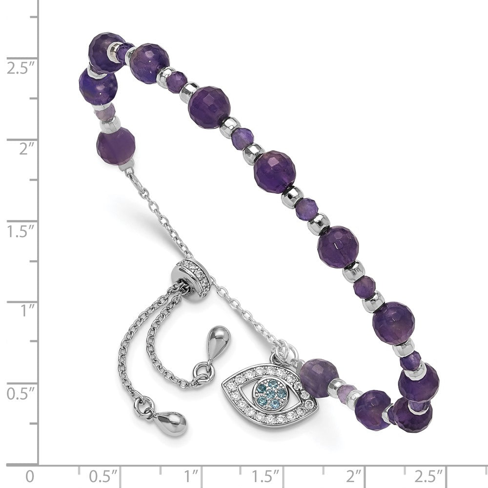 Sterling Silver Rhodium Plated Amethyst and CZ and Blue Glass Adjustable Bracelet
