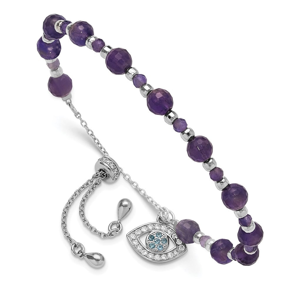 Sterling Silver Rhodium Plated Amethyst and CZ and Blue Glass Adjustable Bracelet