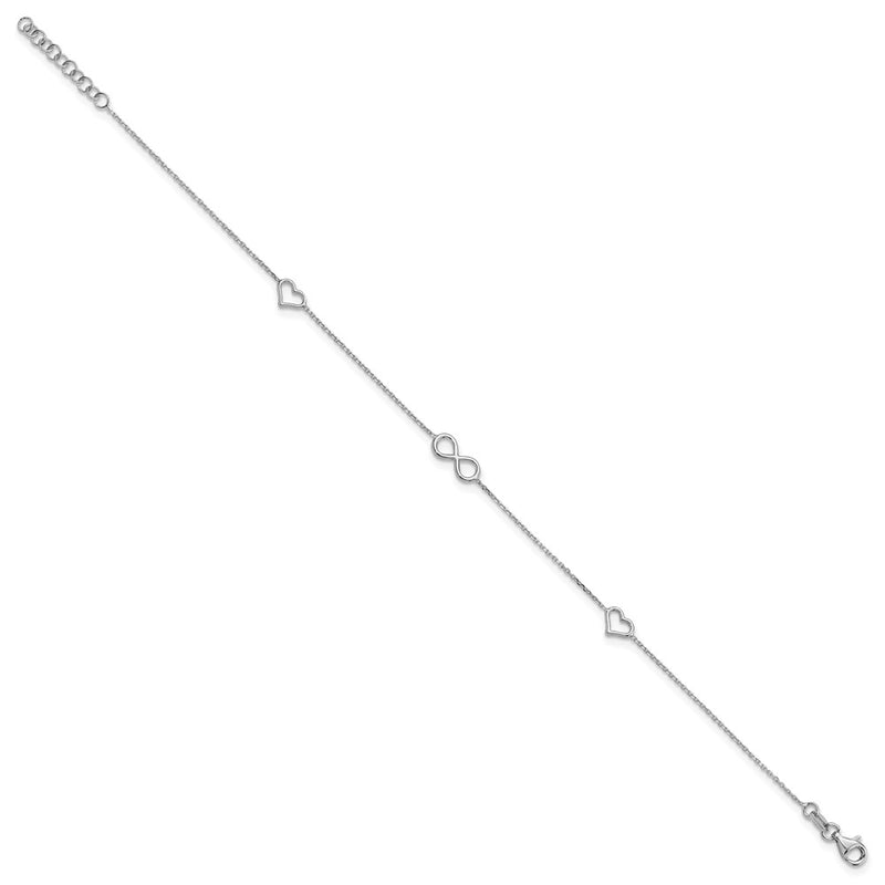 Sterling Silver Rhodium Plated Heart/infinity Symbol 9in Plus 1in Ext. Anklet