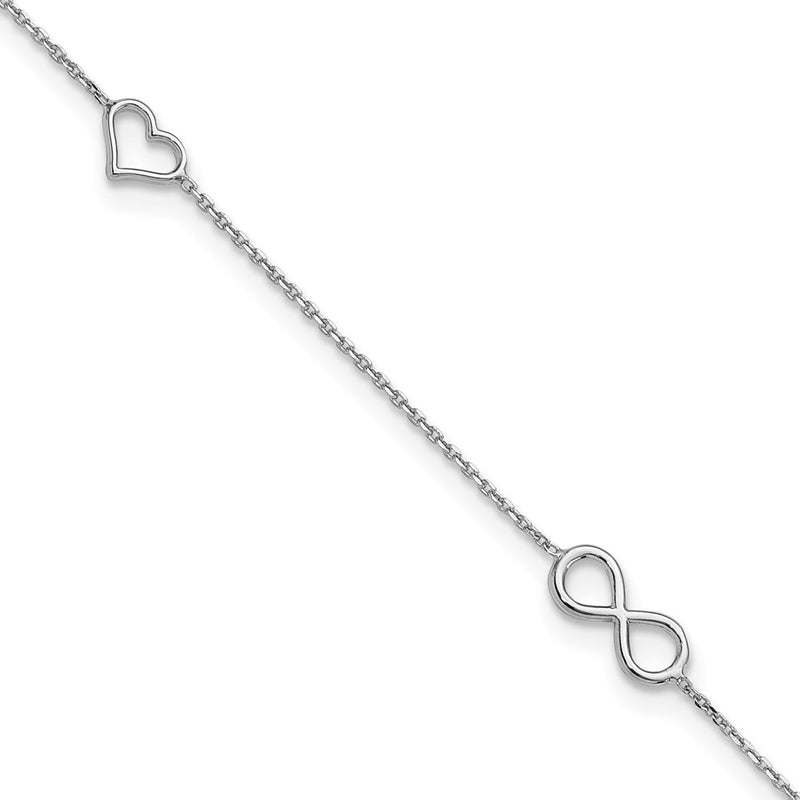 Sterling Silver Rhodium Plated Heart/infinity Symbol 9in Plus 1in Ext. Anklet