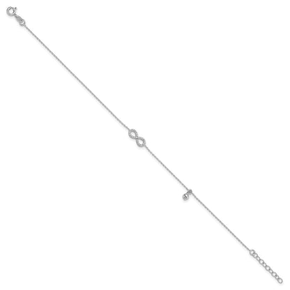 Sterling Silver Rhodium-Plated CZ Infinity 9in Plus 1in Ext. Anklet