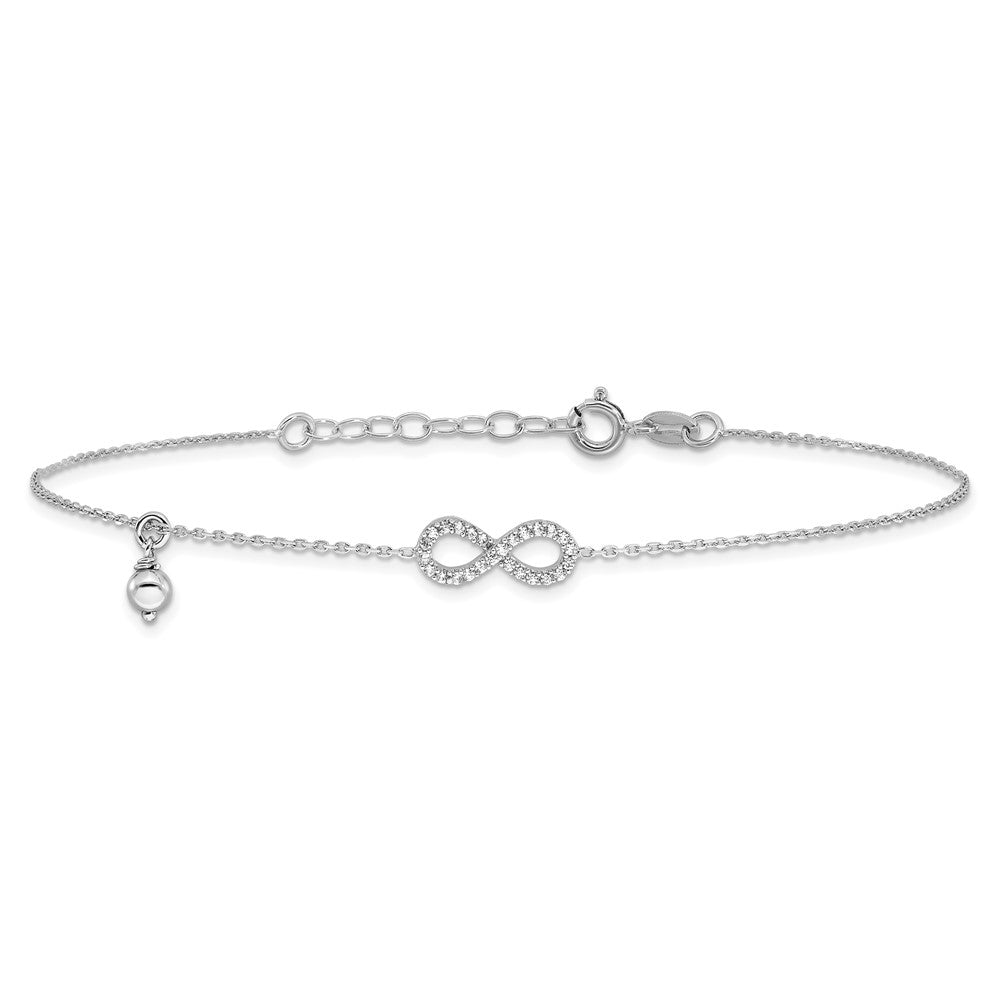 Sterling Silver Rhodium-Plated CZ Infinity 9in Plus 1in Ext. Anklet