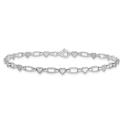 Sterling Silver Rhodium-Plated Heart Link 10in Anklet