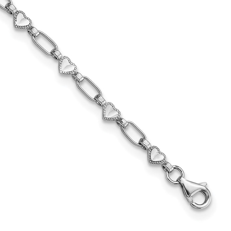 Sterling Silver Rhodium-Plated Heart Link 10in Anklet