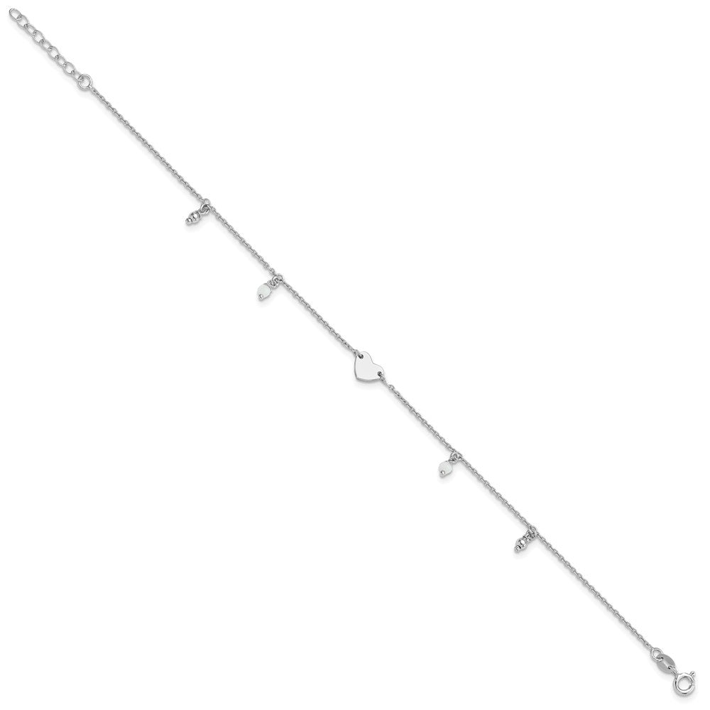 Sterling Silver Rhodium-Plated Heart Glass Beads 9in Plus 1in Ext Anklet