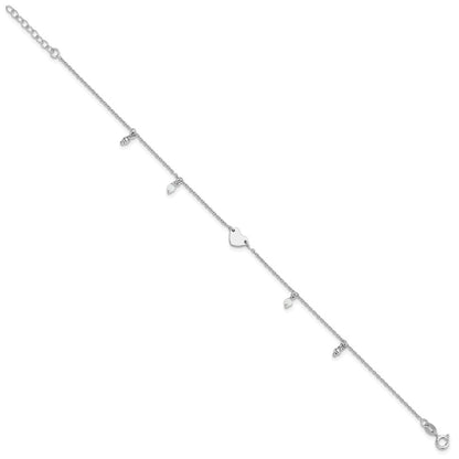 Sterling Silver Rhodium-Plated Heart Glass Beads 9in Plus 1in Ext Anklet