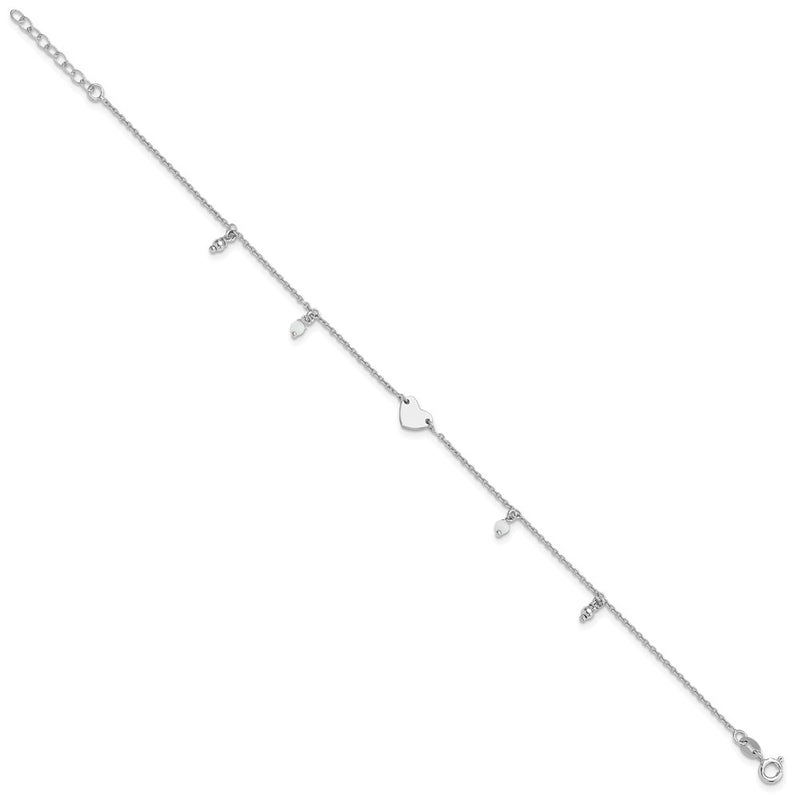 Sterling Silver Rhodium-Plated Heart Glass Beads 9in Plus 1in Ext Anklet
