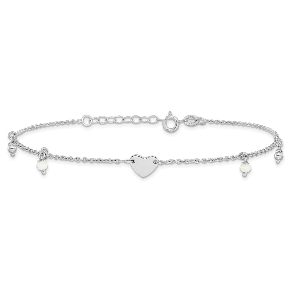 Sterling Silver Rhodium-Plated Heart Glass Beads 9in Plus 1in Ext Anklet