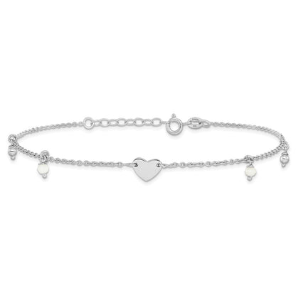 Sterling Silver Rhodium-Plated Heart Glass Beads 9in Plus 1in Ext Anklet