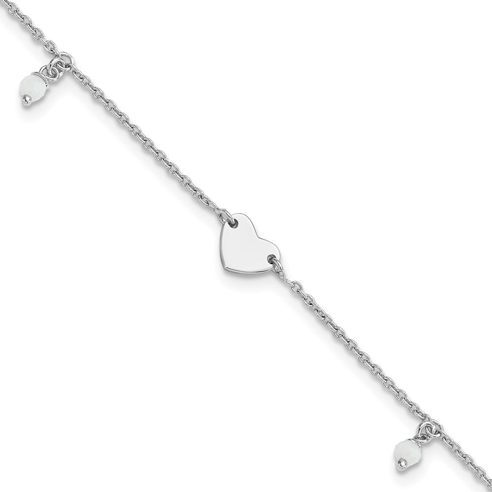 Sterling Silver Rhodium-Plated Heart Glass Beads 9in Plus 1in Ext Anklet