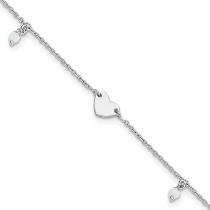 Sterling Silver Rhodium-Plated Heart Glass Beads 9in Plus 1in Ext Anklet