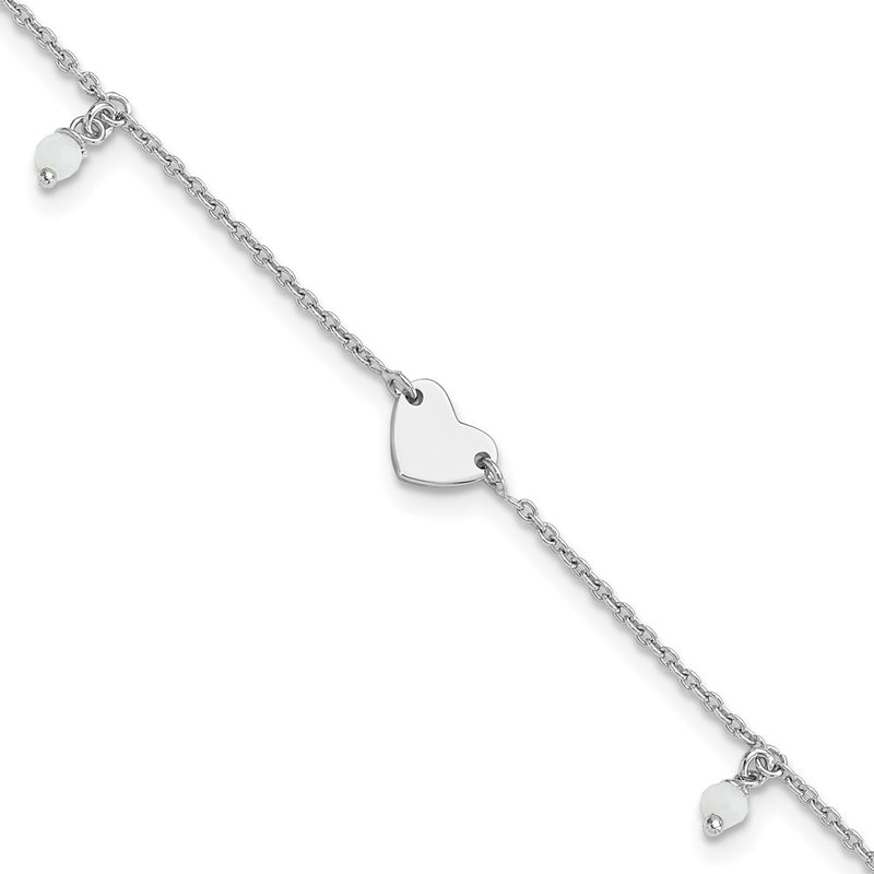 Sterling Silver Rhodium-Plated Heart Glass Beads 9in Plus 1in Ext Anklet