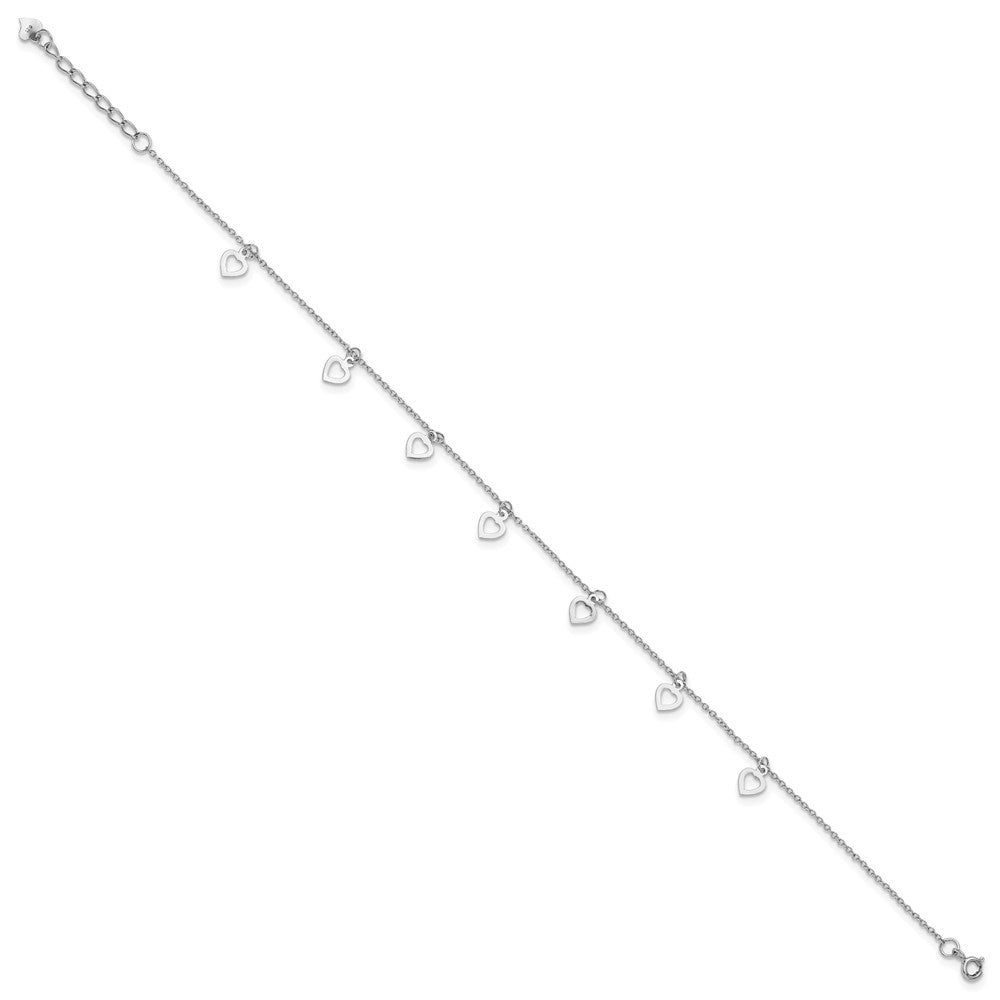 Sterling Silver Rhodium-Plated Polished Heart 9.5in Plus 1in Ext. Anklet