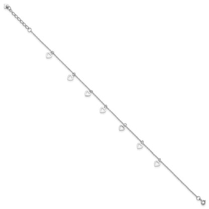 Sterling Silver Rhodium-Plated Polished Heart 9.5in Plus 1in Ext. Anklet