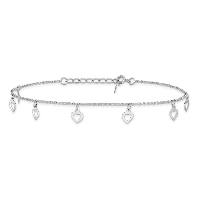 Sterling Silver Rhodium-Plated Polished Heart 9.5in Plus 1in Ext. Anklet
