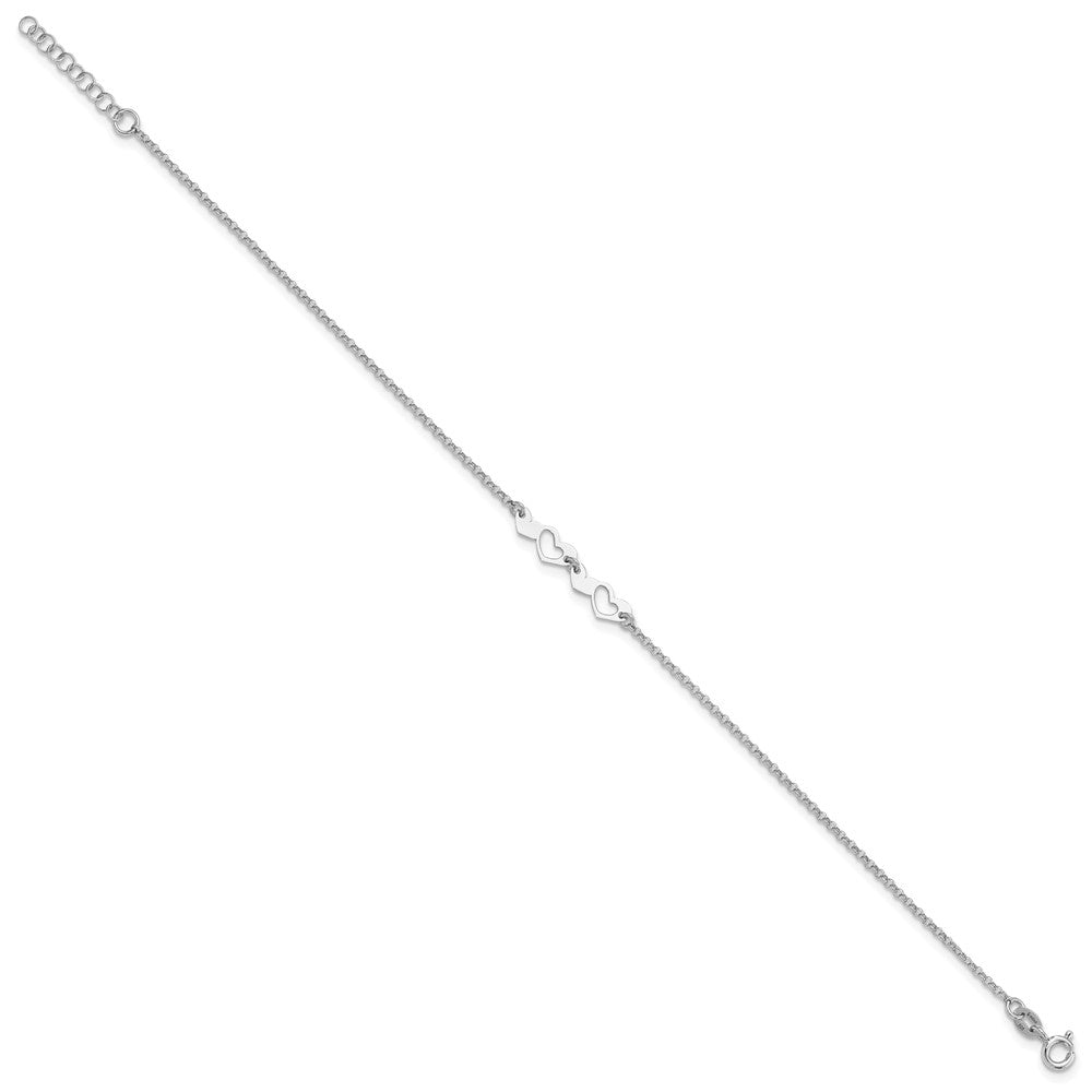 Sterling Silver Rhodium-Plated Hearts 9in Plus 1in Ext Anklet