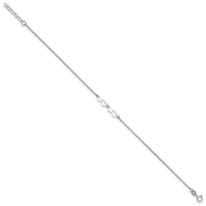 Sterling Silver Rhodium-Plated Hearts 9in Plus 1in Ext Anklet