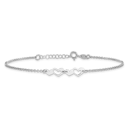 Sterling Silver Rhodium-Plated Hearts 9in Plus 1in Ext Anklet