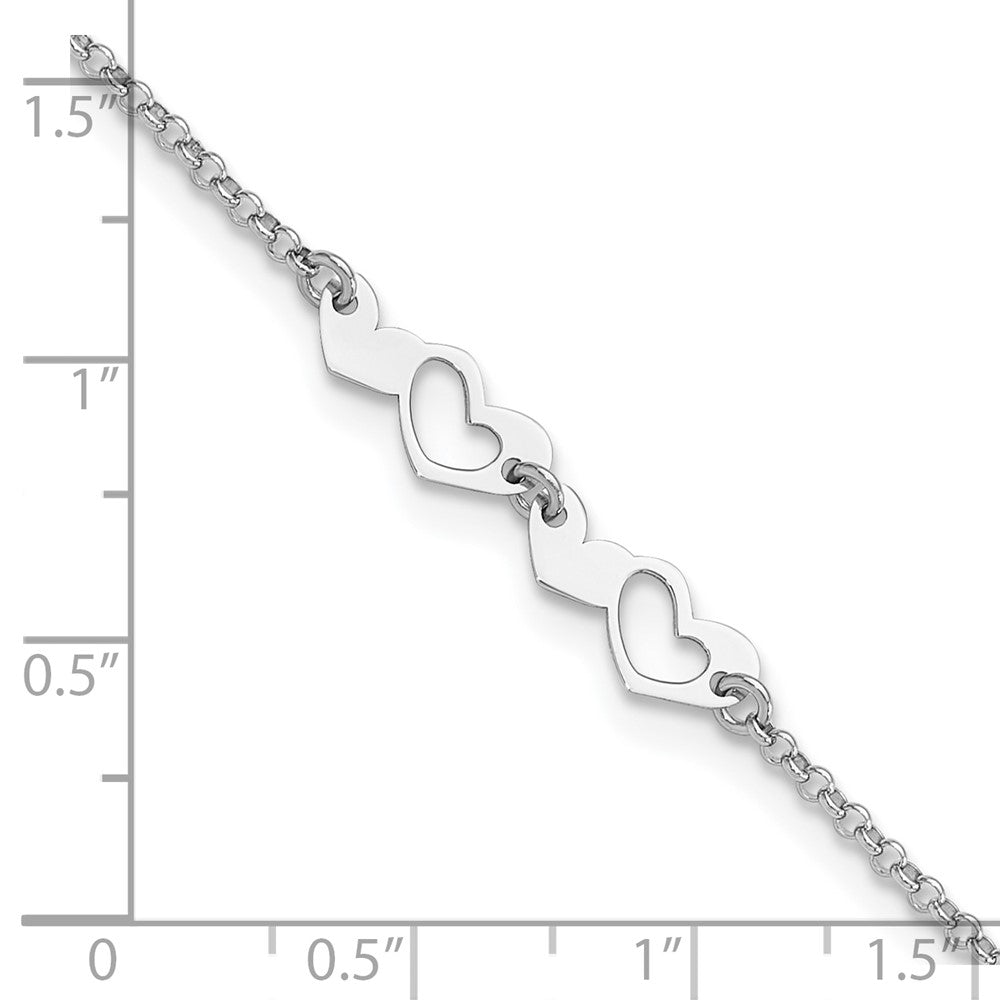 Sterling Silver Rhodium-Plated Hearts 9in Plus 1in Ext Anklet