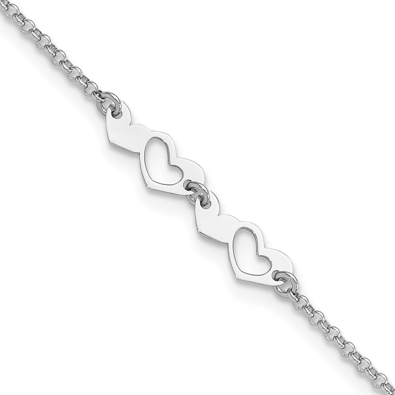 Sterling Silver Rhodium-Plated Hearts 9in Plus 1in Ext Anklet