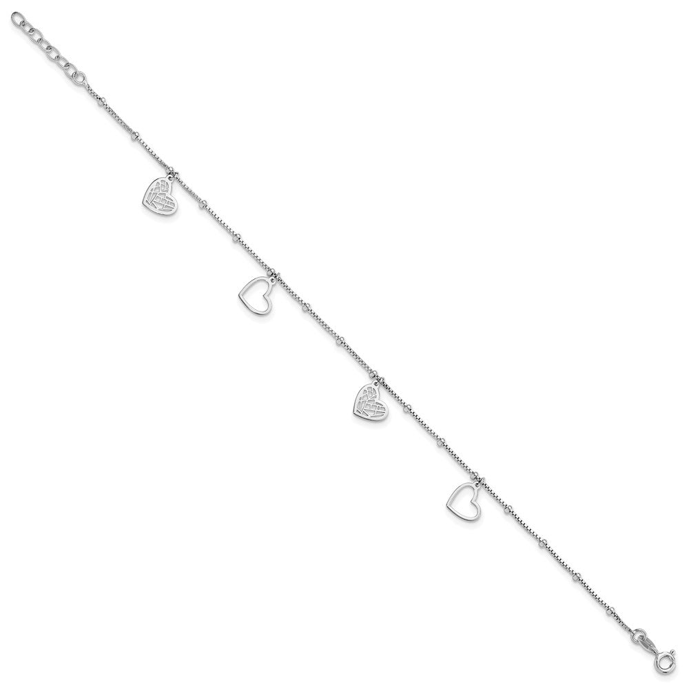 Sterling Silver Rhodium-Plated Cut Out Hearts 9in Plus 1in Ext Anklet