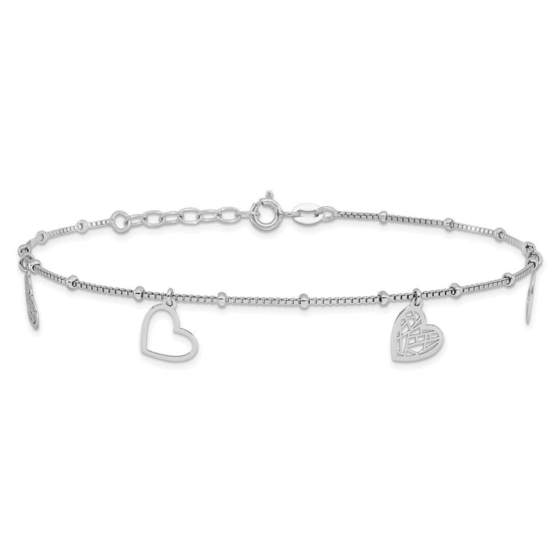 Sterling Silver Rhodium-Plated Cut Out Hearts 9in Plus 1in Ext Anklet
