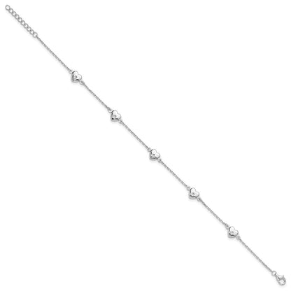 Sterling Silver Rhodium-Plated Hearts 9in Plus 1in Ext Anklet