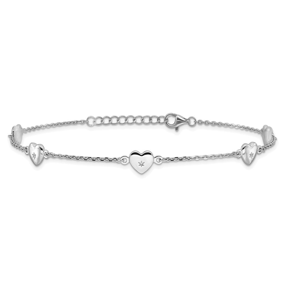 Sterling Silver Rhodium-Plated Hearts 9in Plus 1in Ext Anklet