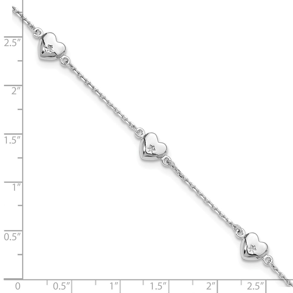 Sterling Silver Rhodium-Plated Hearts 9in Plus 1in Ext Anklet