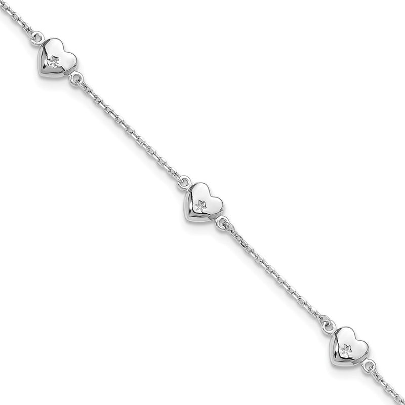 Sterling Silver Rhodium-Plated Hearts 9in Plus 1in Ext Anklet