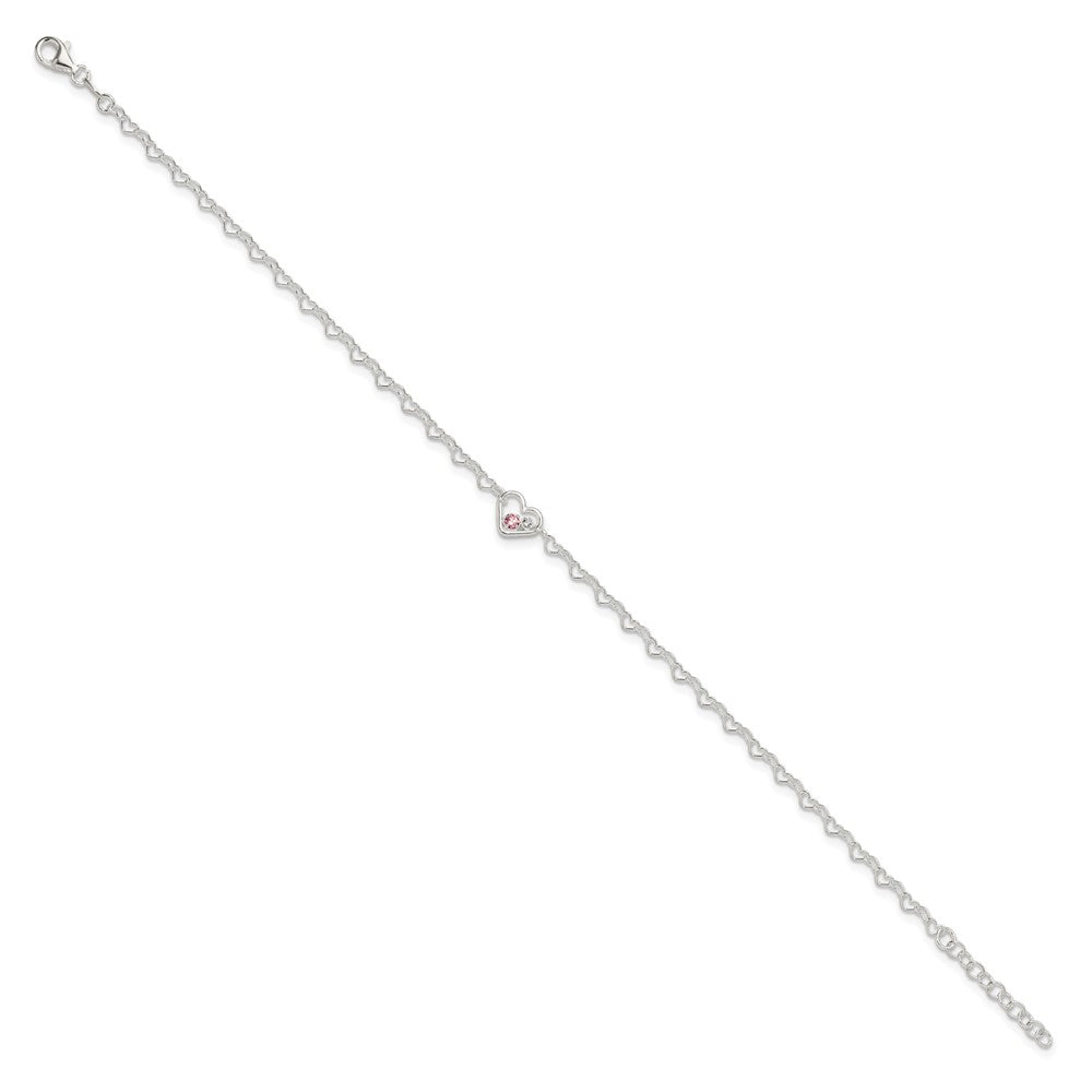 Sterling Silver Polished CZ Heart Link 9in Plus 1in Ext. Anklet