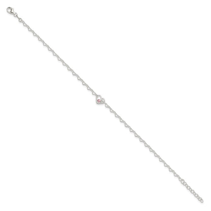 Sterling Silver Polished CZ Heart Link 9in Plus 1in Ext. Anklet