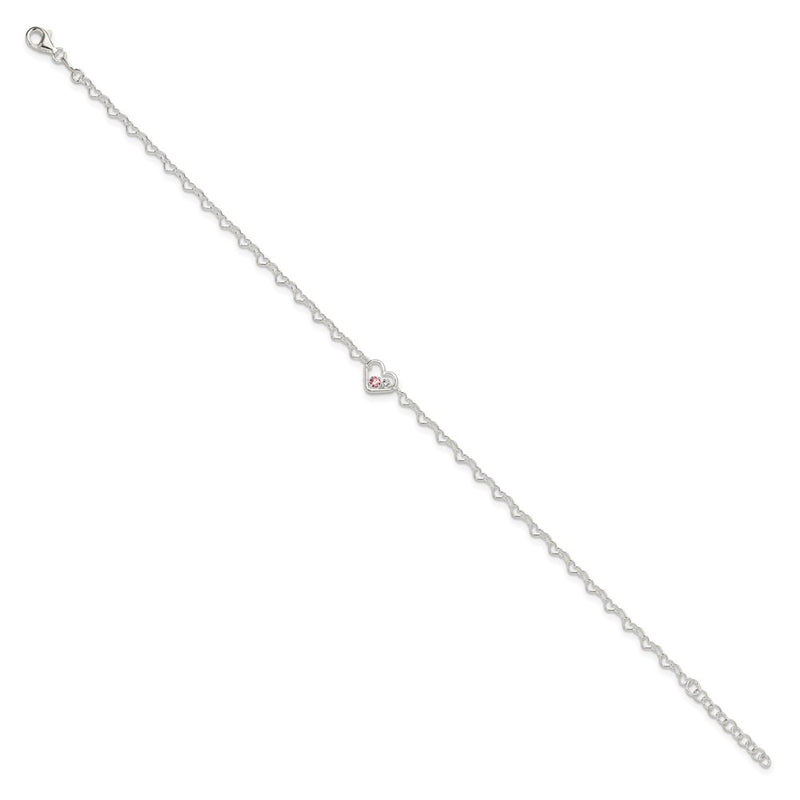 Sterling Silver Polished CZ Heart Link 9in Plus 1in Ext. Anklet