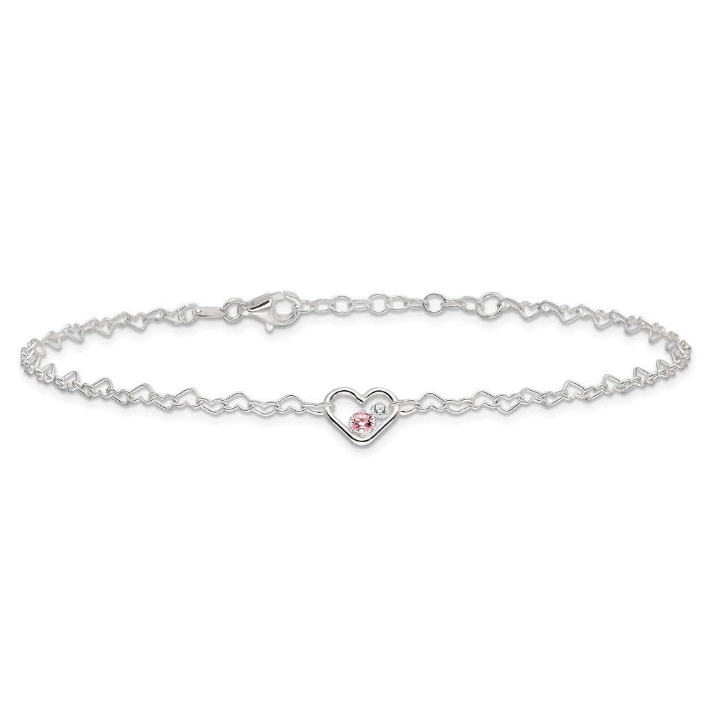 Sterling Silver Polished CZ Heart Link 9in Plus 1in Ext. Anklet