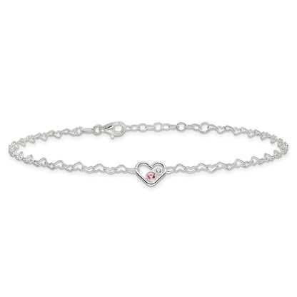 Sterling Silver Polished CZ Heart Link 9in Plus 1in Ext. Anklet