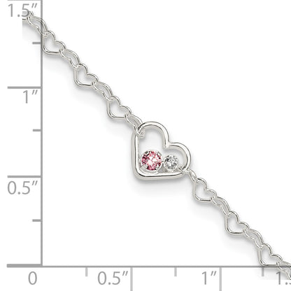 Sterling Silver Polished CZ Heart Link 9in Plus 1in Ext. Anklet