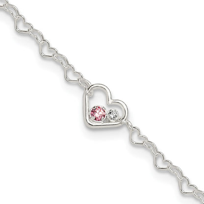 Sterling Silver Polished CZ Heart Link 9in Plus 1in Ext. Anklet
