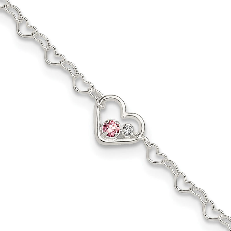 Sterling Silver Polished CZ Heart Link 9in Plus 1in Ext. Anklet