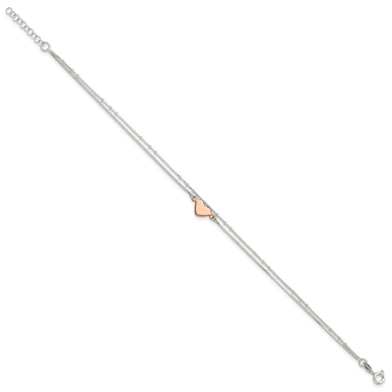 Sterling Silver Rose-Tone 2-Strand Heart 9in Plus 1in Ext. Anklet