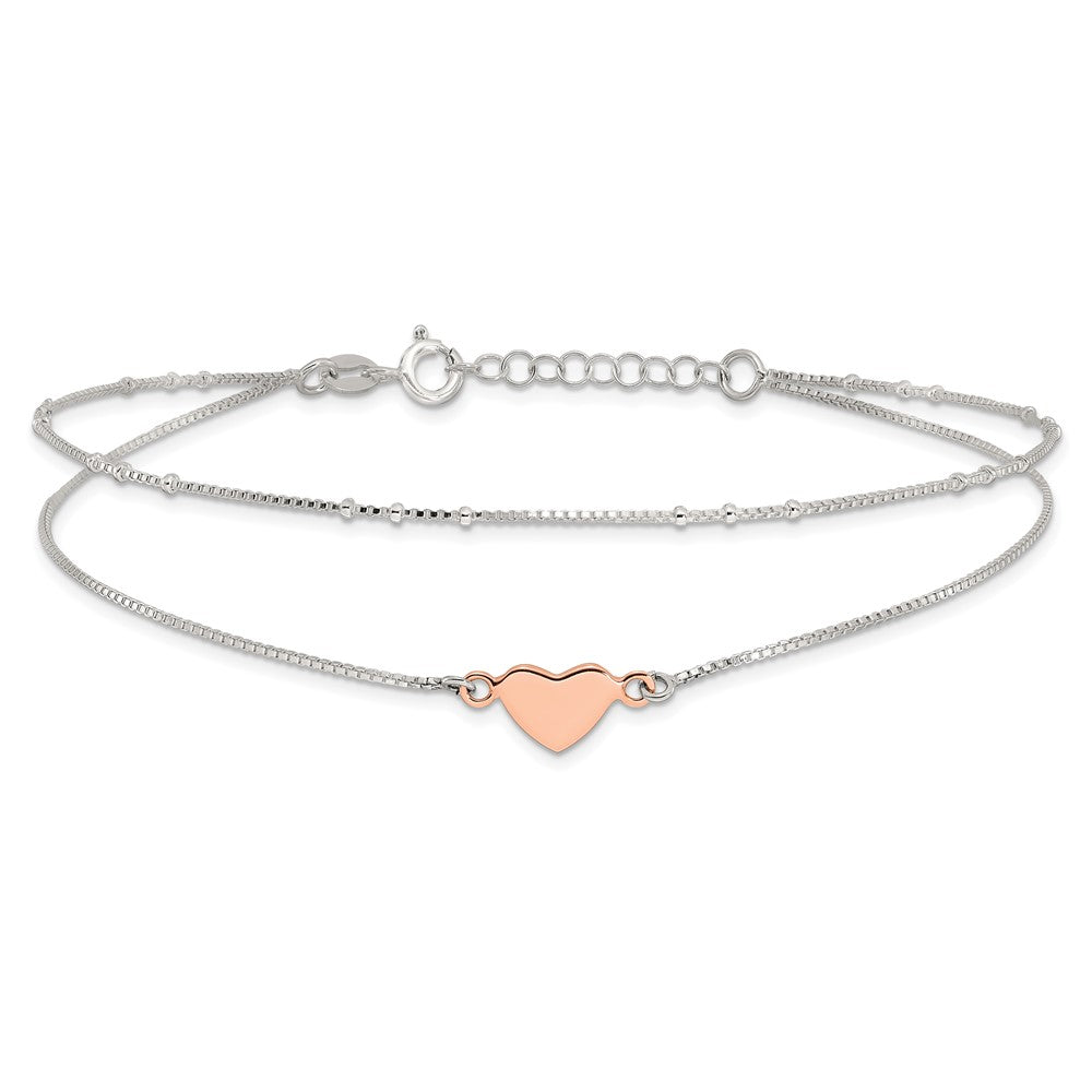 Sterling Silver Rose-Tone 2-Strand Heart 9in Plus 1in Ext. Anklet