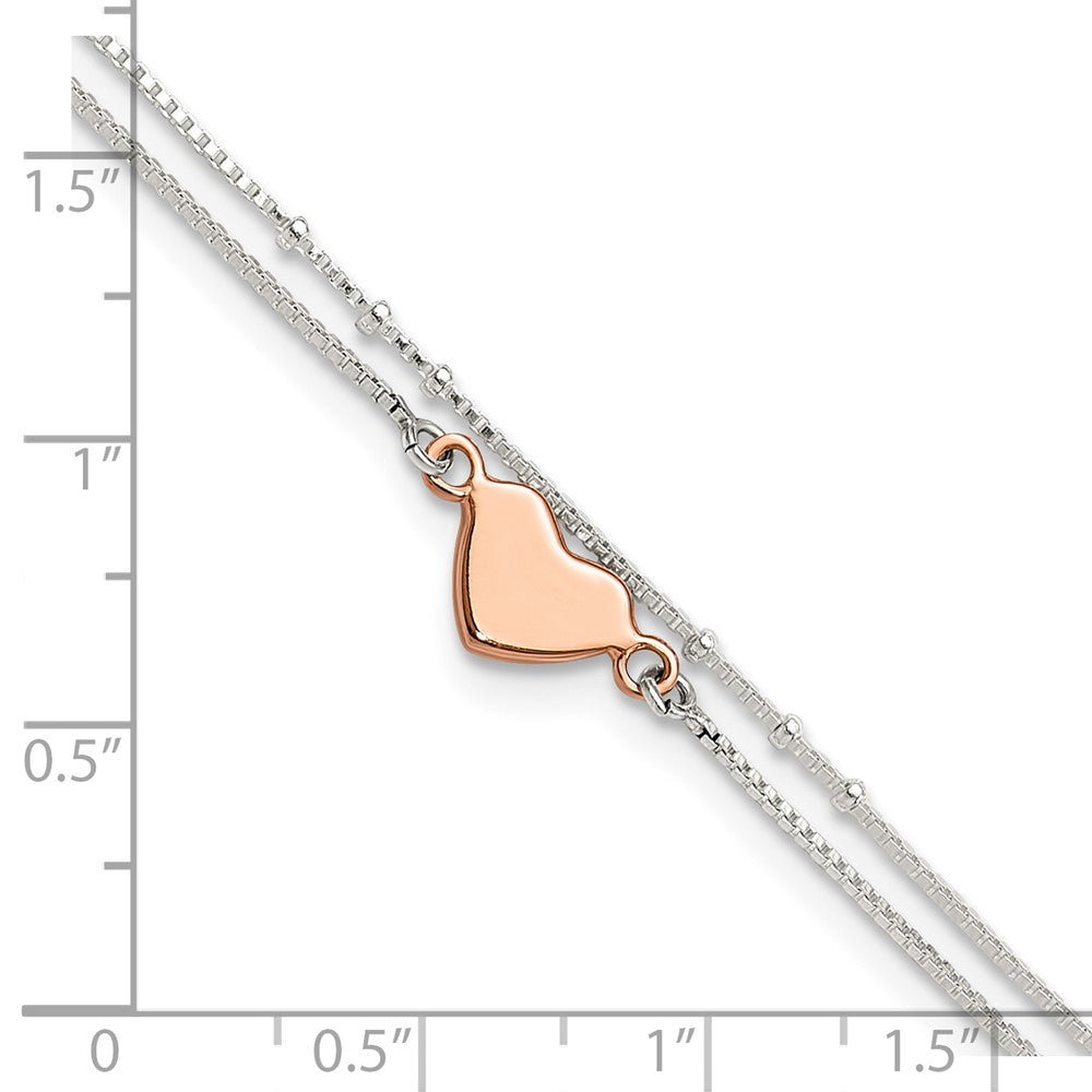 Sterling Silver Rose-Tone 2-Strand Heart 9in Plus 1in Ext. Anklet