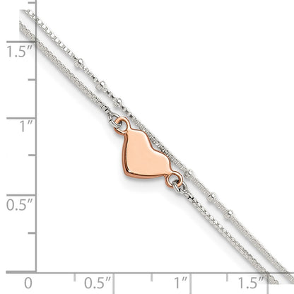 Sterling Silver Rose-Tone 2-Strand Heart 9in Plus 1in Ext. Anklet