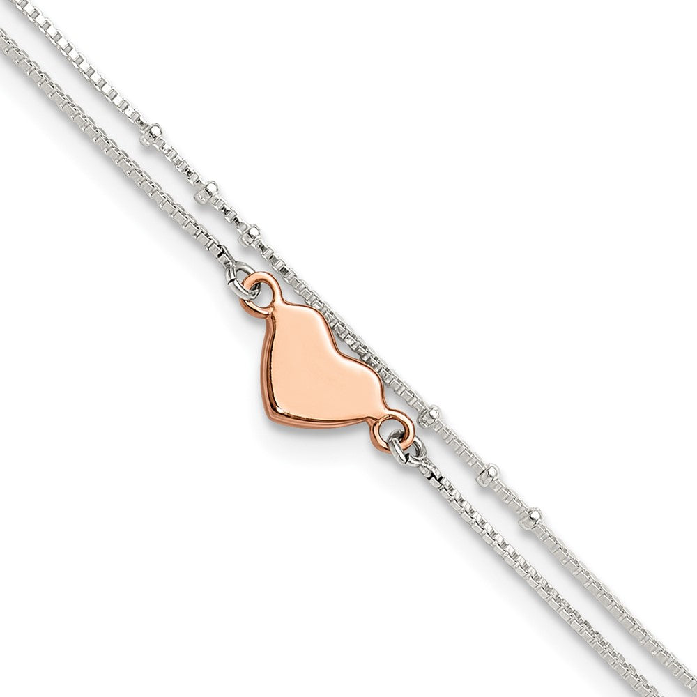 Sterling Silver Rose-Tone 2-Strand Heart 9in Plus 1in Ext. Anklet