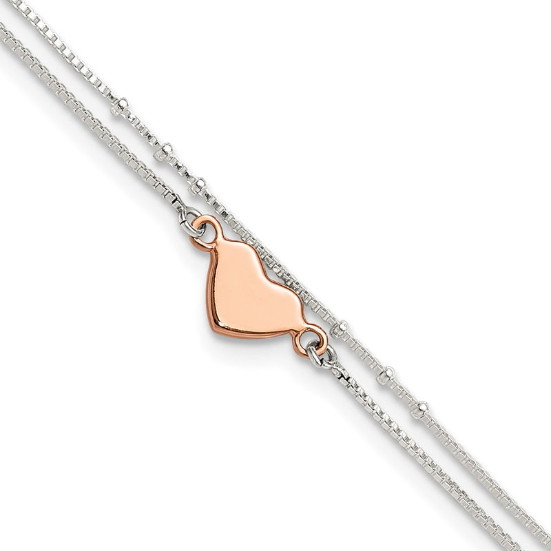 Sterling Silver Rose-Tone 2-Strand Heart 9in Plus 1in Ext. Anklet