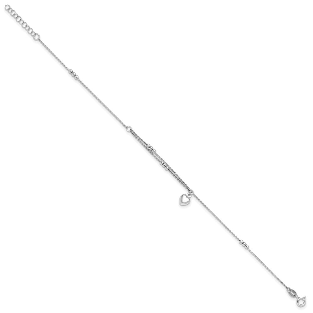 Sterling Silver Rhodium-Plated Beads and Heart 9in Plus 1in Ext Anklet