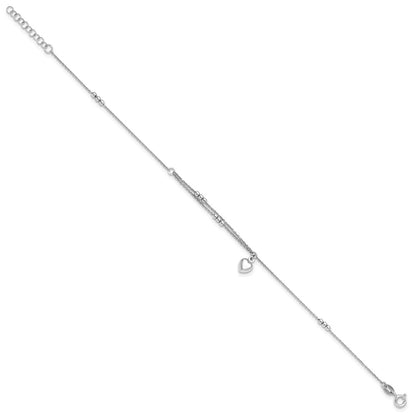 Sterling Silver Rhodium-Plated Beads and Heart 9in Plus 1in Ext Anklet